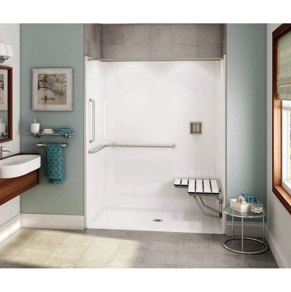 Aker OPS-6030 AcrylX Alcove Center Drain One-Piece Shower in Bone - ANSI Grab Bar and seat
