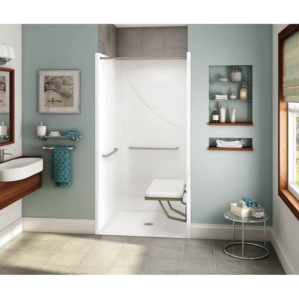 Aker OPS-3636-RS RRF AcrylX Alcove Center Drain One-Piece Shower in Biscuit - MASS Grab Bar and Seat