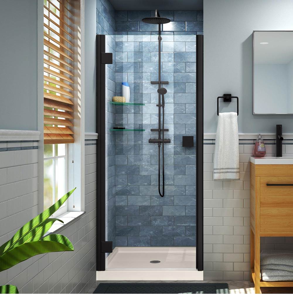 Dreamline Showers DreamLine Lumen 36 in. D x 42 in. W by 74 3/4 in. H Hinged Shower Door in Satin Black with Biscuit Acrylic Base Kit