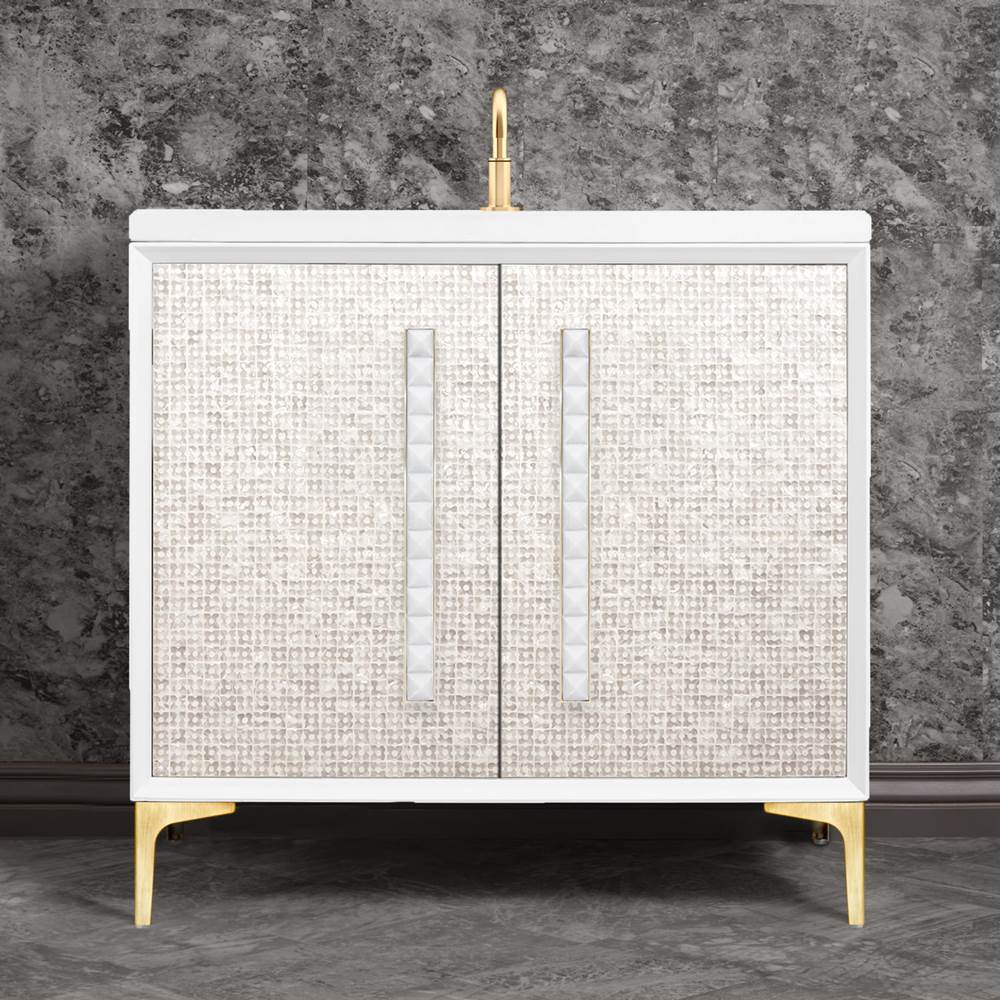 Linkasink MOTHER OF PEARL with 18'' Artisan Glass Pyramid Hardware 36'' Wide Vanity, White, Satin Brass Hardware, 36'' x 22'' x 33.5'' (without vanity top)