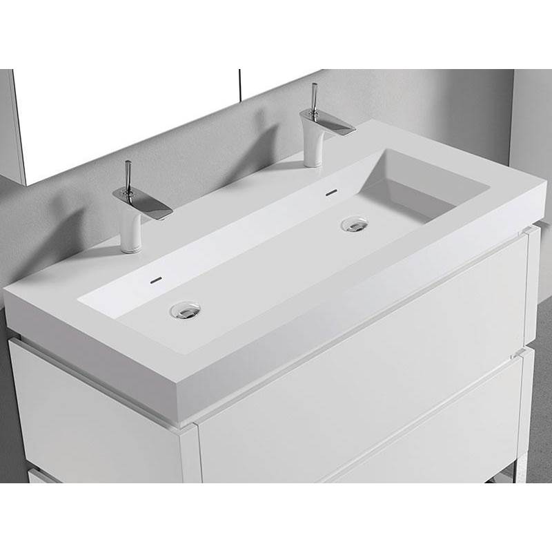 Madeli 22''D-Trough 48''W Solid Surface , Sink. Glossy White. 2-Bowls, 8'' Widespread. W/Overflow, Basin Depth: 5-3/4'', 47-7/8'' X 22-1/8'' X 4-1/2''