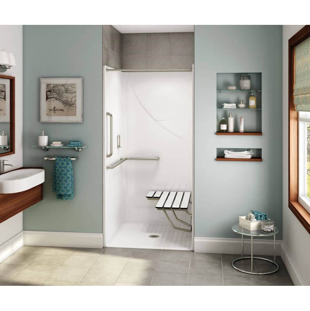 Aker OPS-3636 AcrylX Alcove Center Drain One-Piece Shower in Thunder Grey - L-shaped and Vertical Grab Bar and Seat