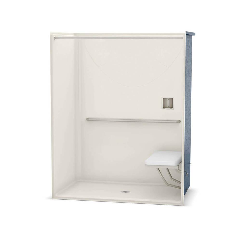 Aker OPS-6036 AcrylX Alcove Center Drain One-Piece Shower in Biscuit - MASS Grab Bar and Seat