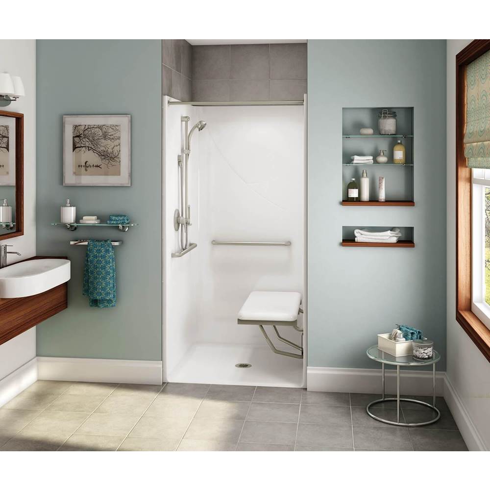 Aker OPS-3636 AcrylX Alcove Center Drain One-Piece Shower in Sterling Silver - with MASS grab bar and seat