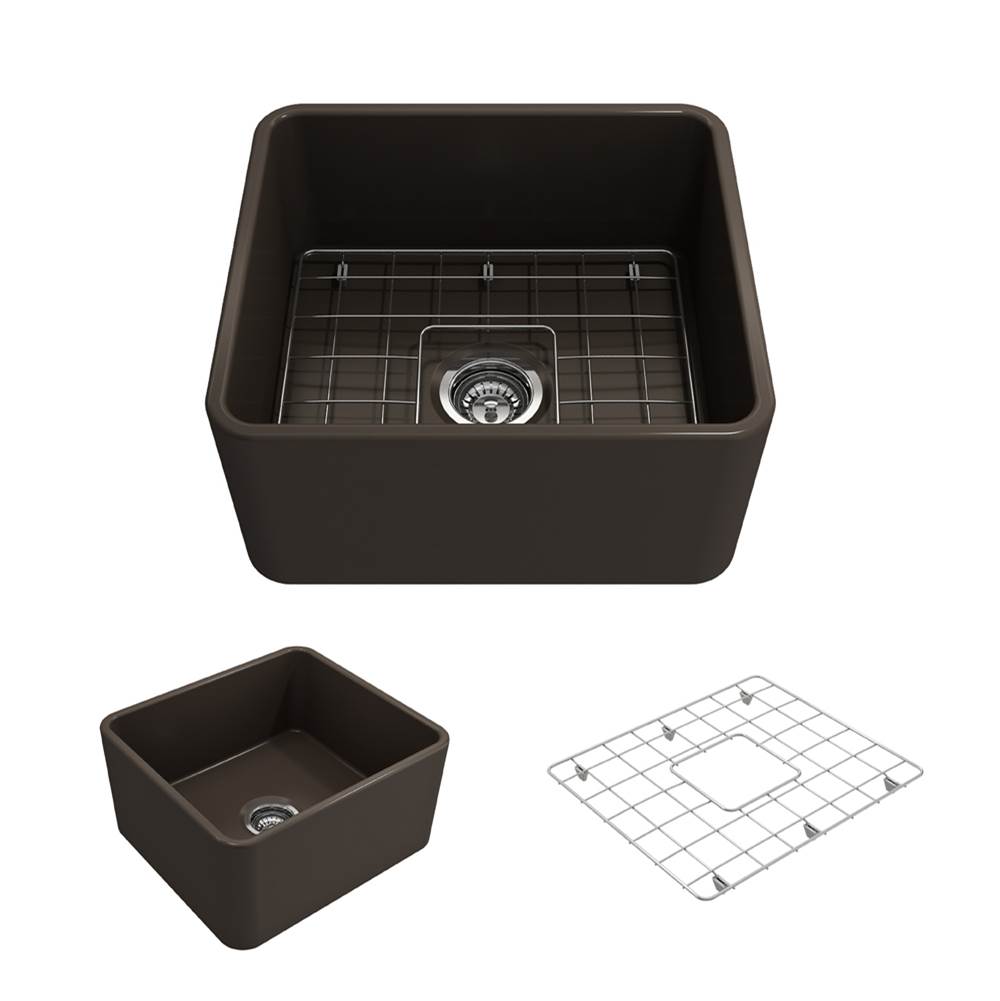 BOCCHI Classico Farmhouse Apron Front Fireclay 20 in. Single Bowl Kitchen Sink with Protective Bottom Grid and Strainer in Matte Brown