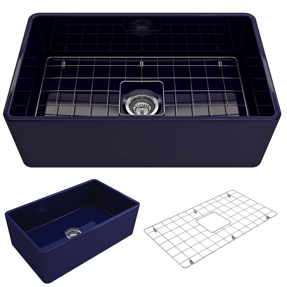 BOCCHI Classico Farmhouse Apron Front Fireclay 30 in. Single Bowl Kitchen Sink with Protective Bottom Grid and Strainer in Sapphire Blue