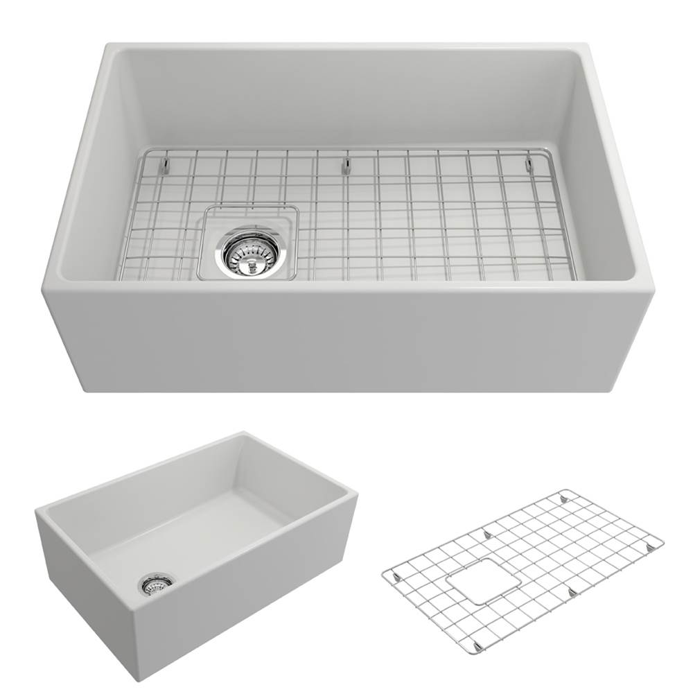 BOCCHI Contempo Apron Front Fireclay 30 in. Single Bowl Kitchen Sink with Protective Bottom Grid and Strainer in Matte White