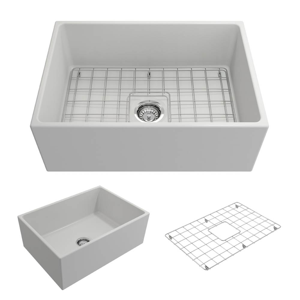 BOCCHI Contempo Apron Front Fireclay 27 in. Single Bowl Kitchen Sink with Protective Bottom Grid and Strainer in Matte White