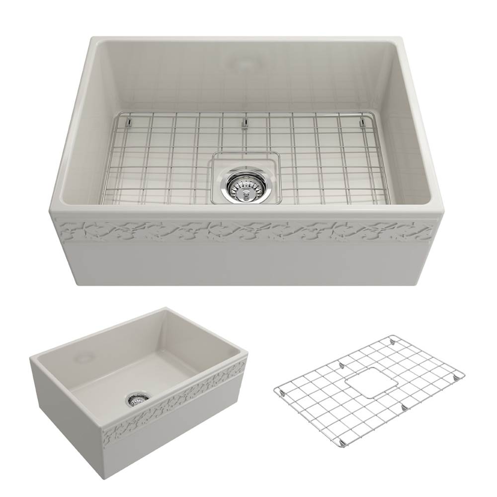 BOCCHI Vigneto Apron Front Fireclay 27 in. Single Bowl Kitchen Sink with Protective Bottom Grid and Strainer in Biscuit