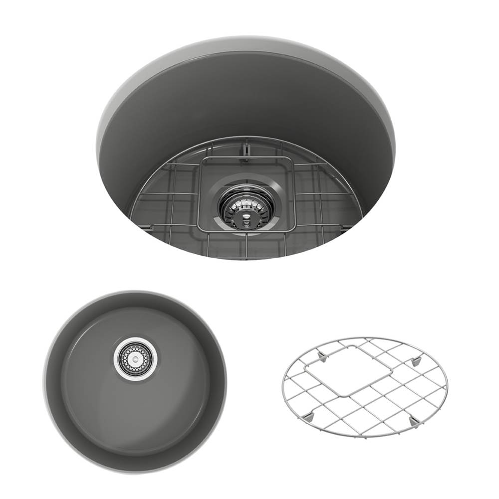 BOCCHI Sotto Round Dual-mount Fireclay 18.5 in. Single Bowl Bar Sink with Protective Bottom Grid and Strainer in Matte Gray