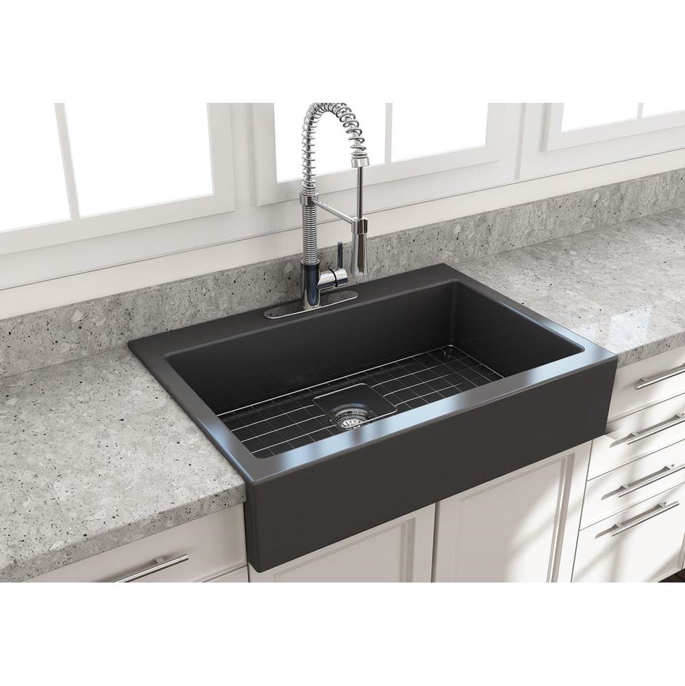 BOCCHI Nuova Apron Front Drop-In Fireclay 34 in. Single Bowl Kitchen Sink with Protective Bottom Grid and Strainer in Matte Dark Gray