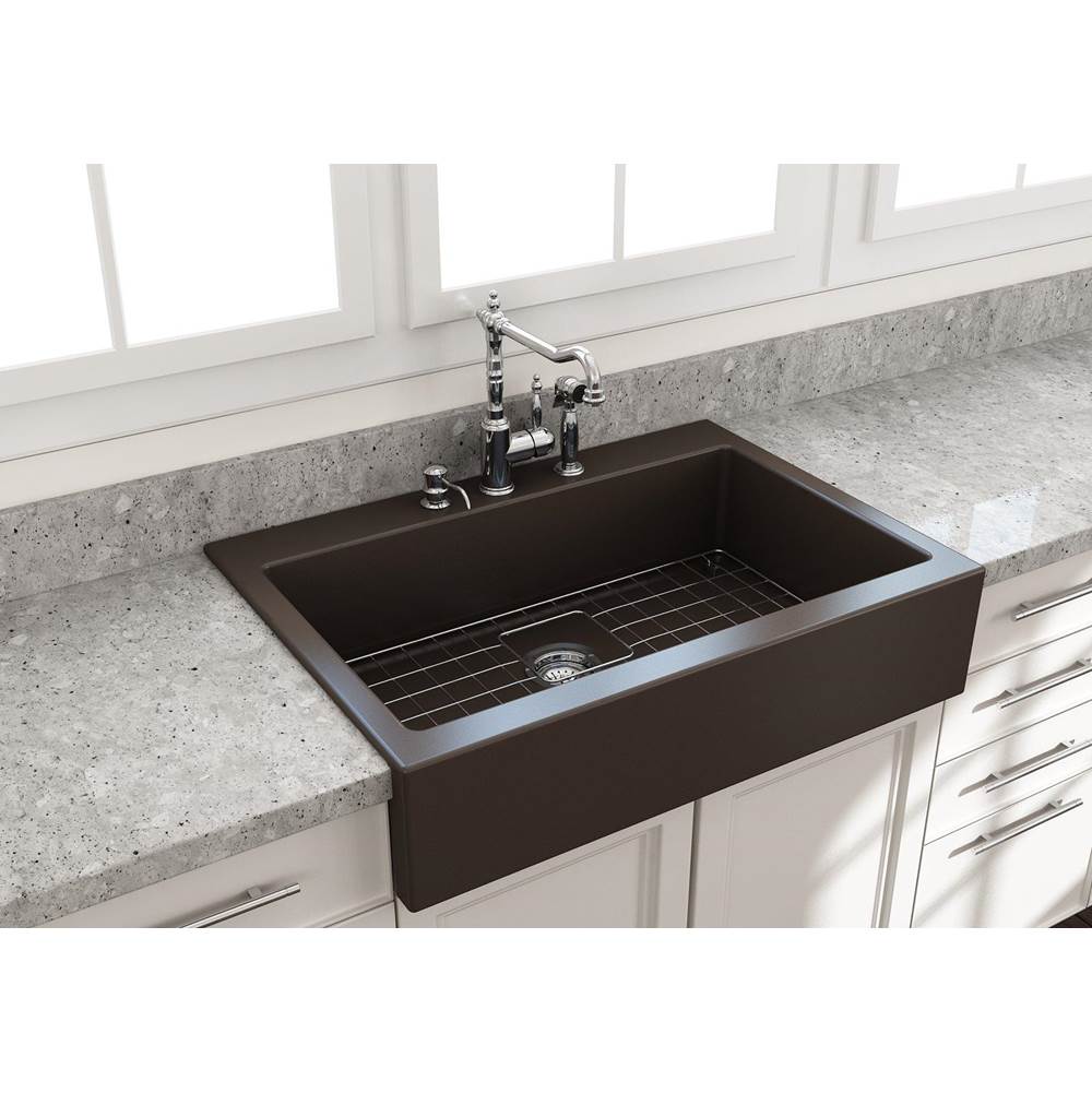 BOCCHI Nuova Apron Front Drop-In Fireclay 34 in. Single Bowl Kitchen Sink with Protective Bottom Grid and Strainer in Matte Brown