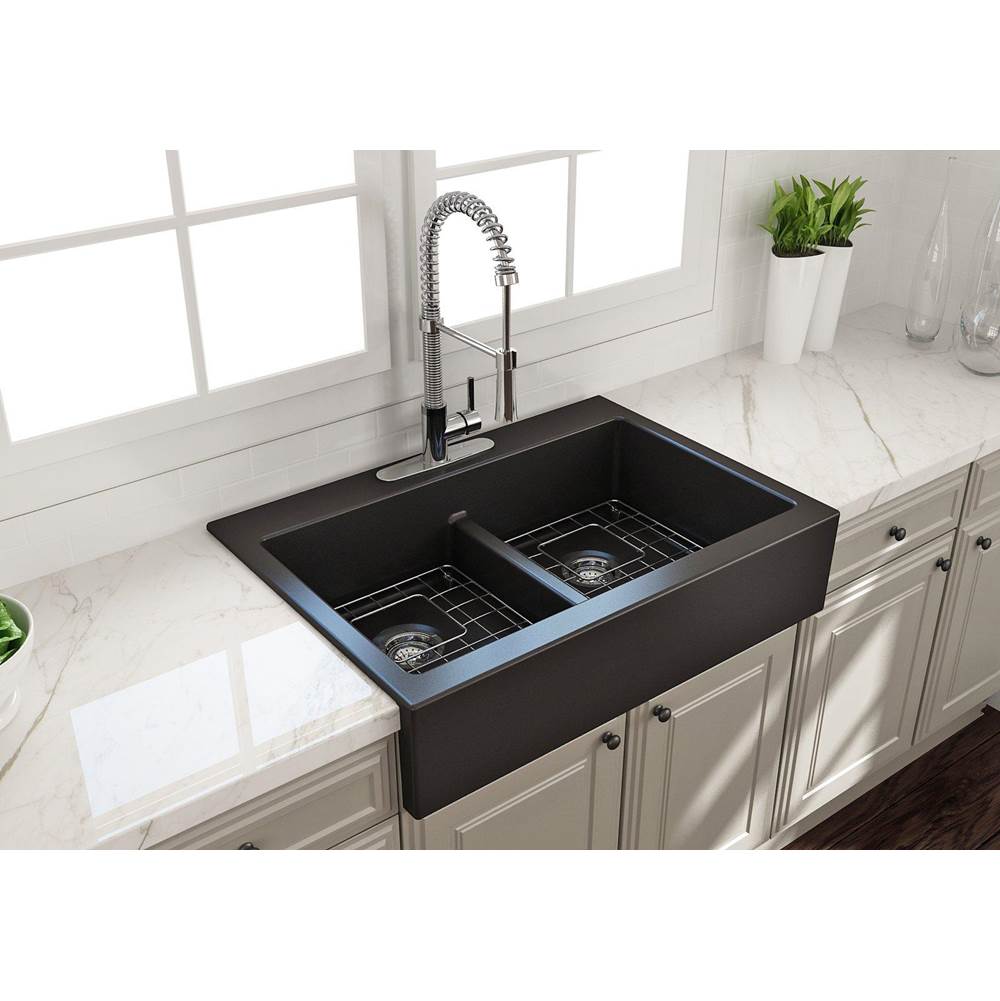 BOCCHI Nuova Apron Front Drop-In Fireclay 34 in. 50/50 Double Bowl Kitchen Sink with Protective Bottom Grids and Strainers in Matte Black