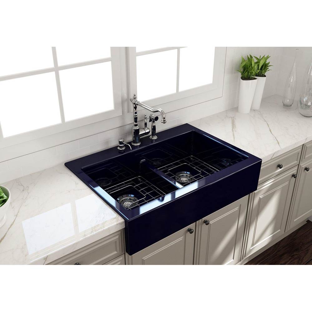 BOCCHI Nuova Apron Front Drop-In Fireclay 34 in. 50/50 Double Bowl Kitchen Sink with Protective Bottom Grids and Strainers in Sapphire Blue