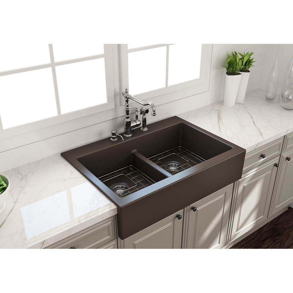 BOCCHI Nuova Apron Front Drop-In Fireclay 34 in. 50/50 Double Bowl Kitchen Sink with Protective Bottom Grids and Strainers in Matte Brown