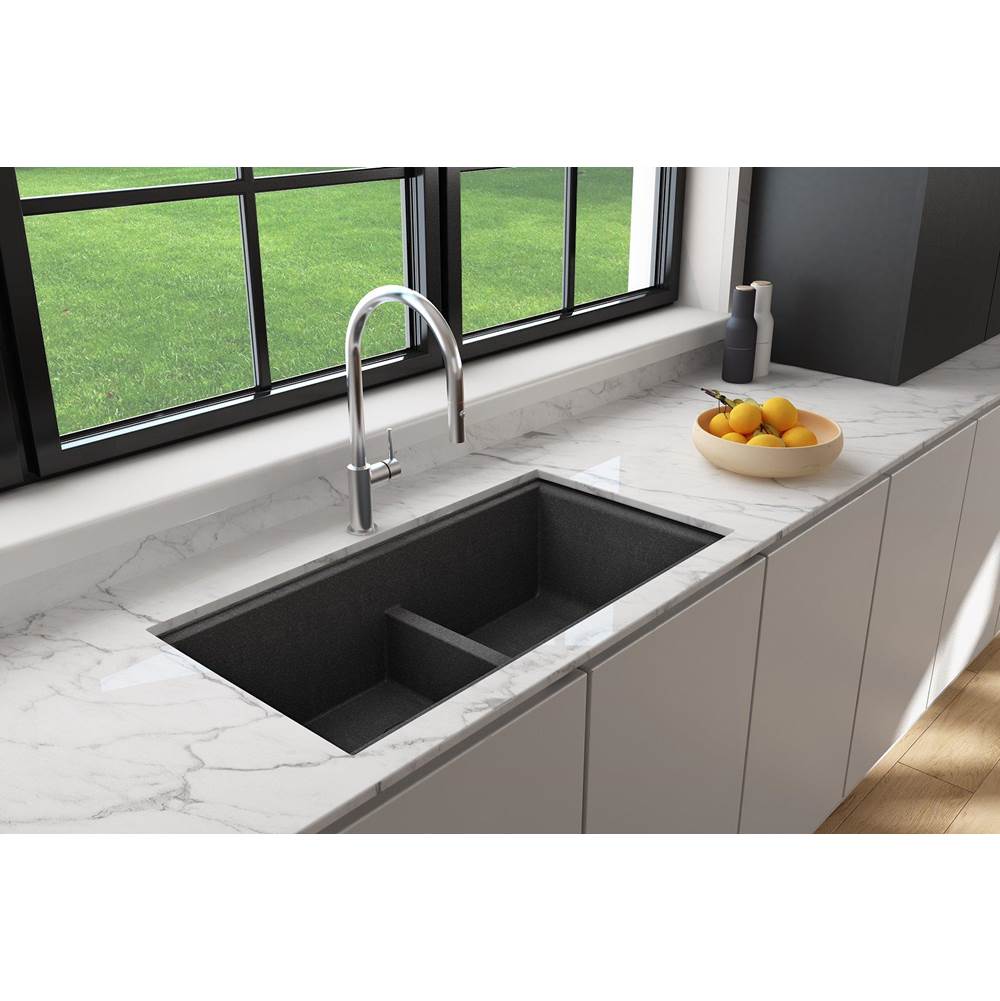 BOCCHI Baveno Lux Undermount 33''. Double Bowl Granite Composite Kitchen Sink with Integrated Workstation and Accessories in Metallic Black