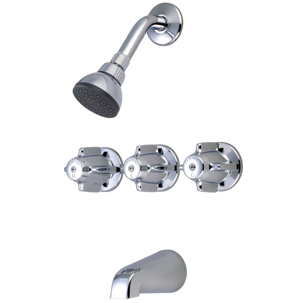Central Brass Tub & Shower-3 Canopy Hdl 1/2'' Combo Union 8'' Cntrs Shwrhead Brass Spt Ceramic Cart-Pc