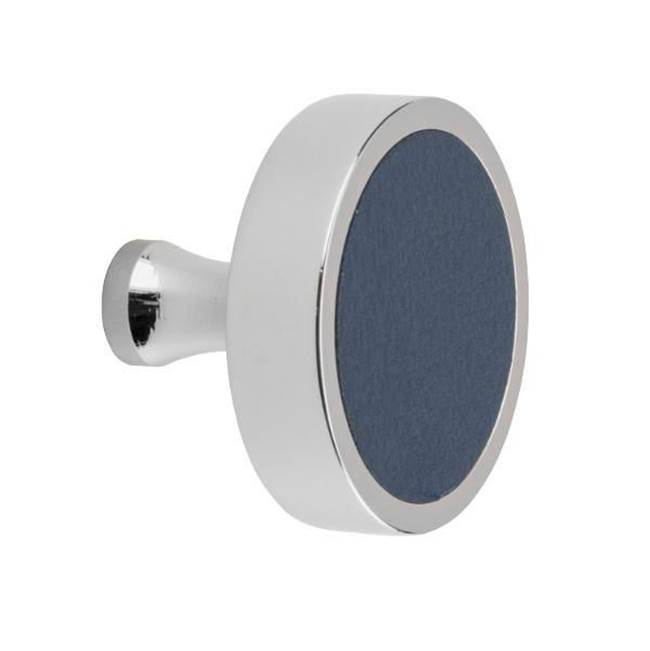 Colonial Bronze Leather Accented Round Cabinet Knob With Flared Post, Matte Satin Chrome x Shagreen White Leather