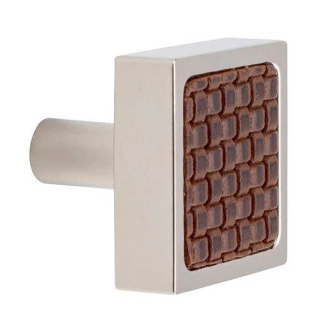 Colonial Bronze Leather Accented Square Cabinet Knob With Straight Post, Polished Copper x Pinseal Pitch Brown Leather