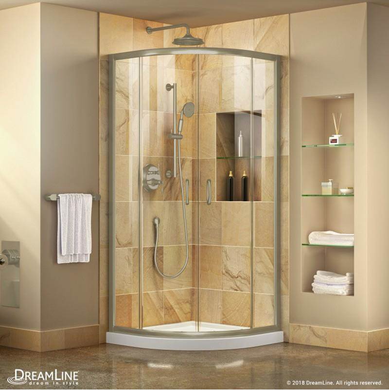 Dreamline Showers DreamLine Prime 33 in. x 74 3/4 in. Semi-Frameless Clear Glass Sliding Shower Enclosure in Brushed Nickel with White Base Kit