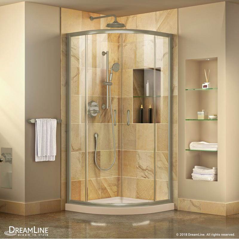 Dreamline Showers DreamLine Prime 33 in. x 74 3/4 in. Semi-Frameless Clear Glass Sliding Shower Enclosure in Brushed Nickel with Biscuit Base Kit