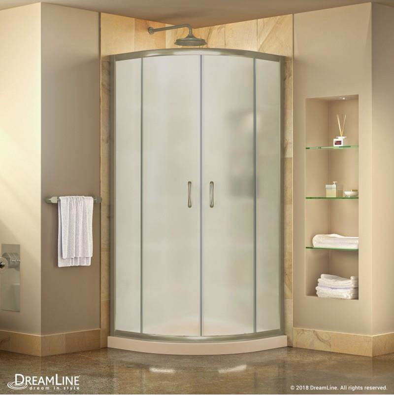 Dreamline Showers DreamLine Prime 33 in. x 74 3/4 in. Semi-Frameless Frosted Glass Sliding Shower Enclosure in Brushed Nickel with Biscuit Base Kit