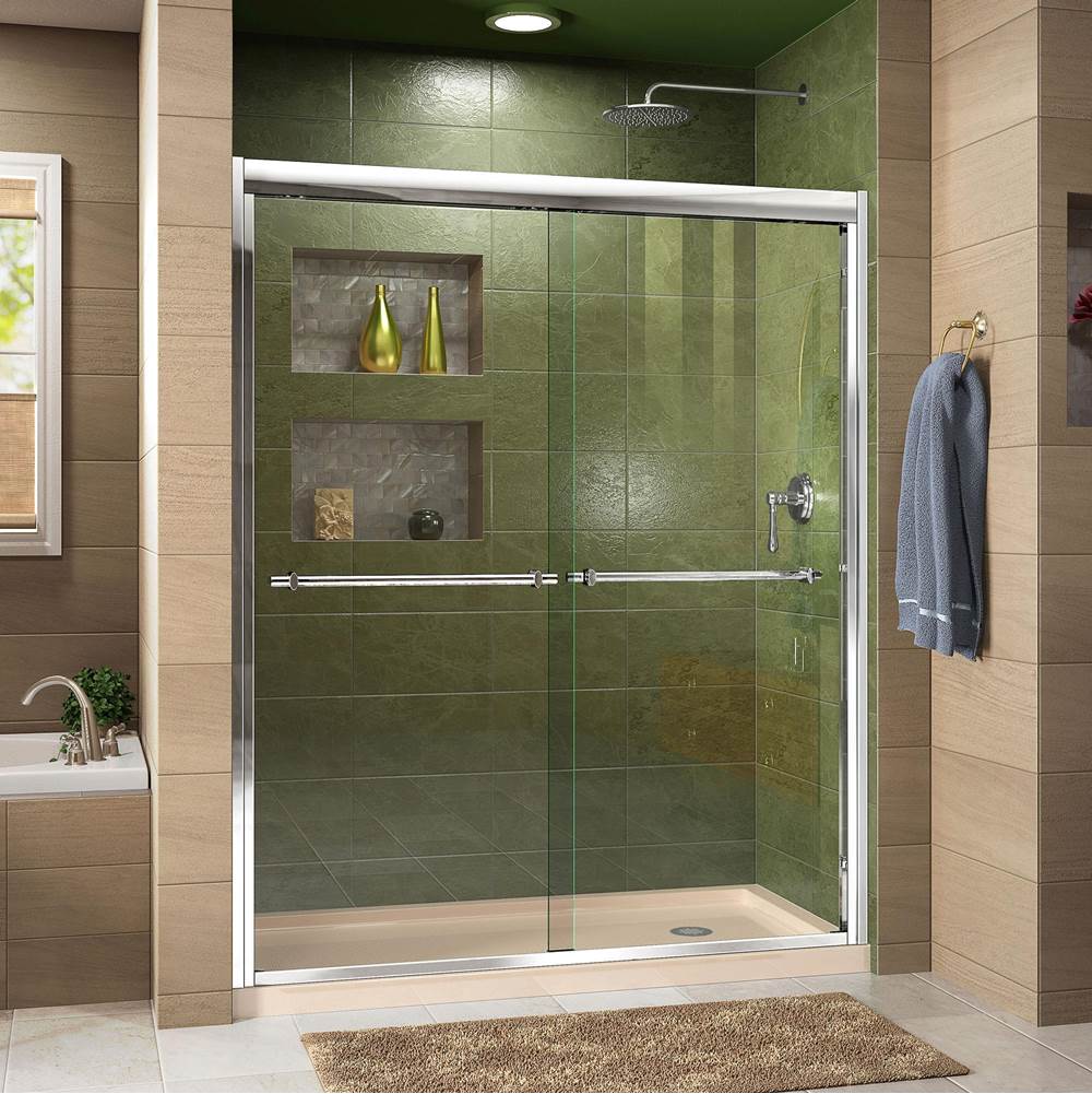 Dreamline Showers DreamLine Duet 32 in. D x 60 in. W x 74 3/4 in. H Bypass Shower Door in Chrome with Right Drain Biscuit Base Kit