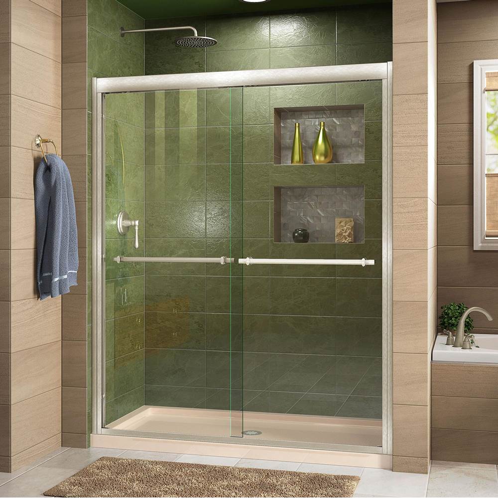Dreamline Showers DreamLine Duet 36 in. D x 48 in. W x 74 3/4 in. H Bypass Shower Door in Brushed Nickel with Center Drain Biscuit Base Kit