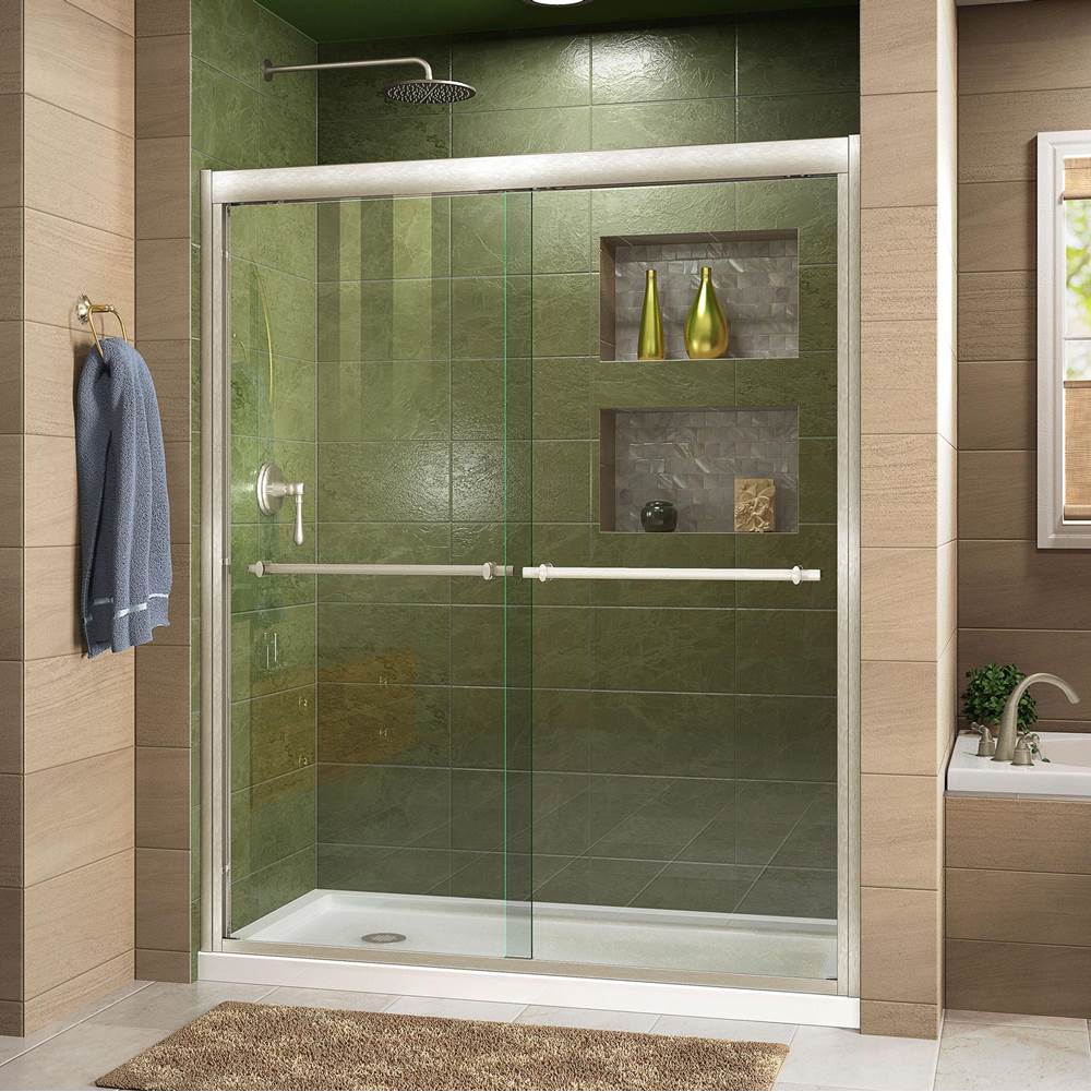 Dreamline Showers DreamLine Duet 34 in. D x 60 in. W x 74 3/4 in. H Bypass Shower Door in Brushed Nickel with Left Drain White Base Kit