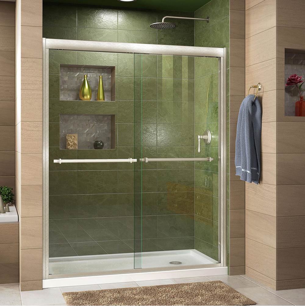 Dreamline Showers DreamLine Duet 34 in. D x 60 in. W x 74 3/4 in. H Bypass Shower Door in Brushed Nickel with Right Drain White Base Kit
