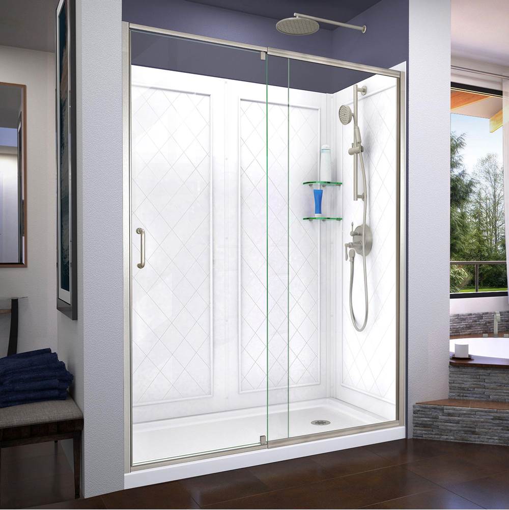 Dreamline Showers DreamLine Flex 32 in. D x 60 in. W x 76 3/4 in. H Semi-Frameless Shower Door in Brushed Nickel with Right Drain Base and Backwalls