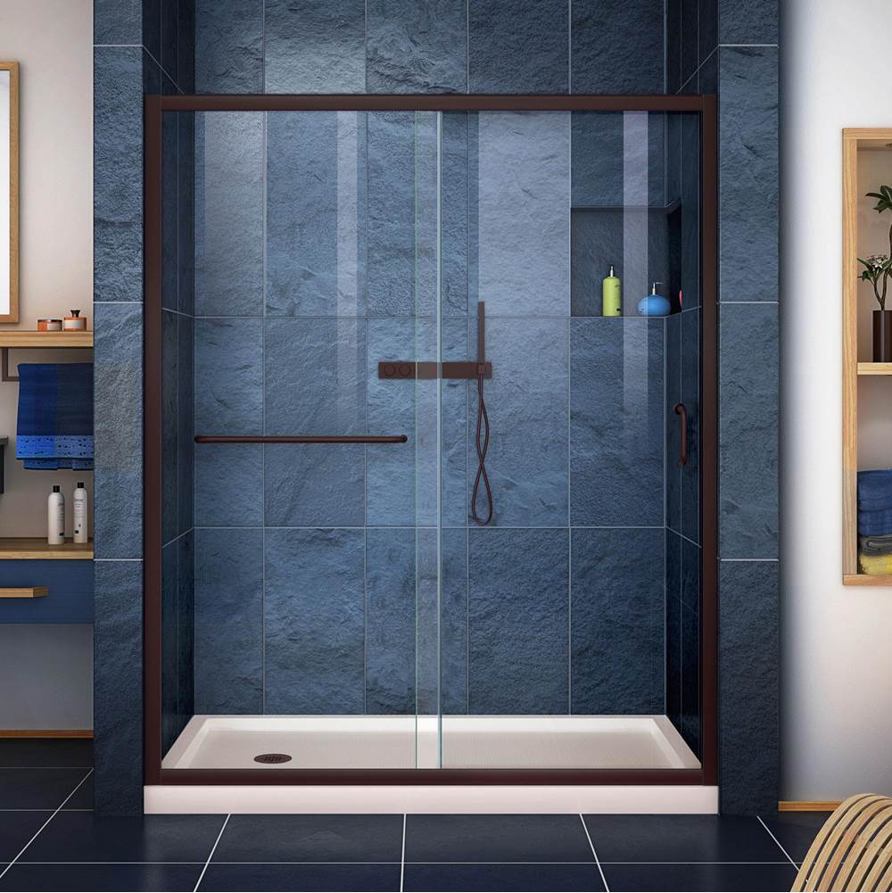 Dreamline Showers DreamLine Infinity-Z 32 in. D x 60 in. W x 74 3/4 in. H Clear Sliding Shower Door in Oil Rubbed Bronze and Left Drain Biscuit Base
