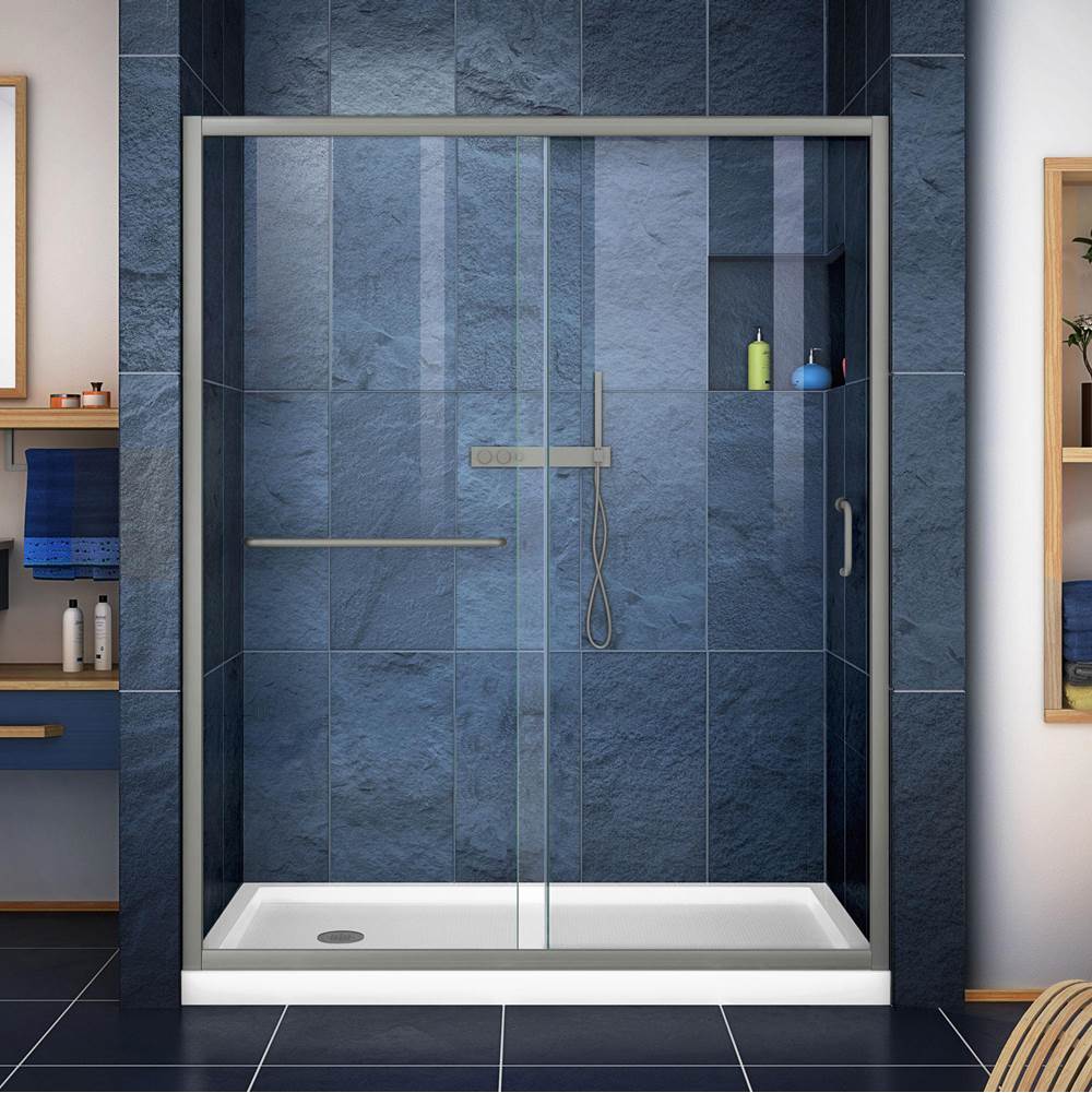 Dreamline Showers DreamLine Infinity-Z 30 in. D x 60 in. W x 74 3/4 in. H Clear Sliding Shower Door in Brushed Nickel and Left Drain White Base
