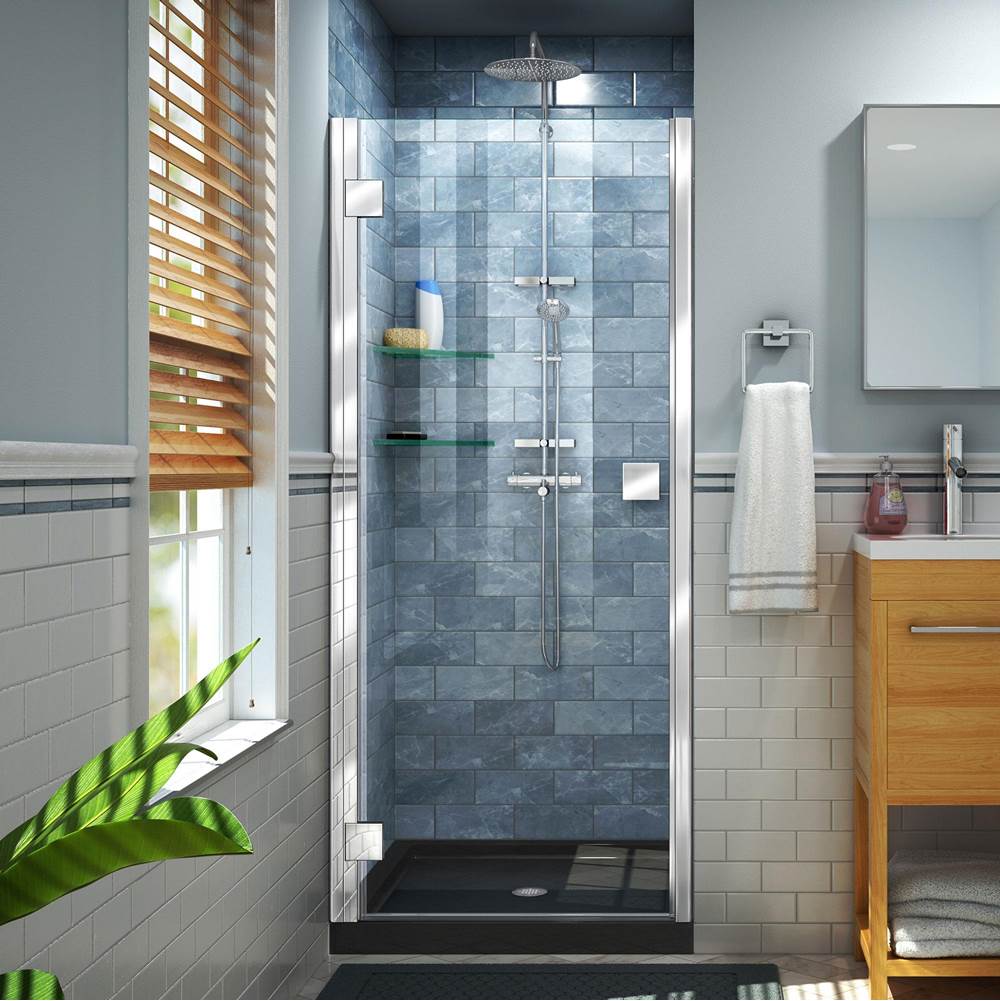Dreamline Showers DreamLine Lumen 34 in. D x 42 in. W by 74 3/4 in. H Hinged Shower Door in Chrome with Black Acrylic Base Kit
