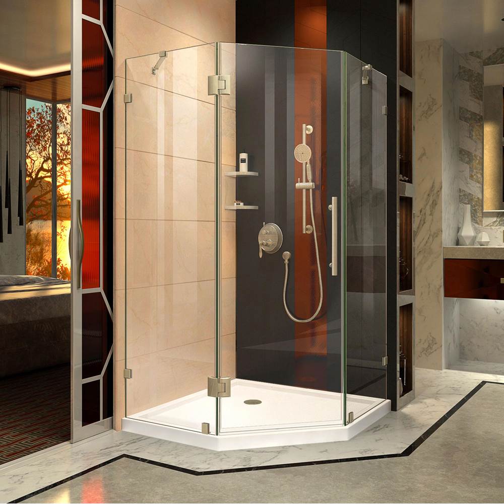 Dreamline Showers DreamLine Prism Lux 36 in. D x 36 in. W x 74 3/4 in. H Hinged Shower Enclosure in Brushed Nickel with Corner Drain White Base Kit
