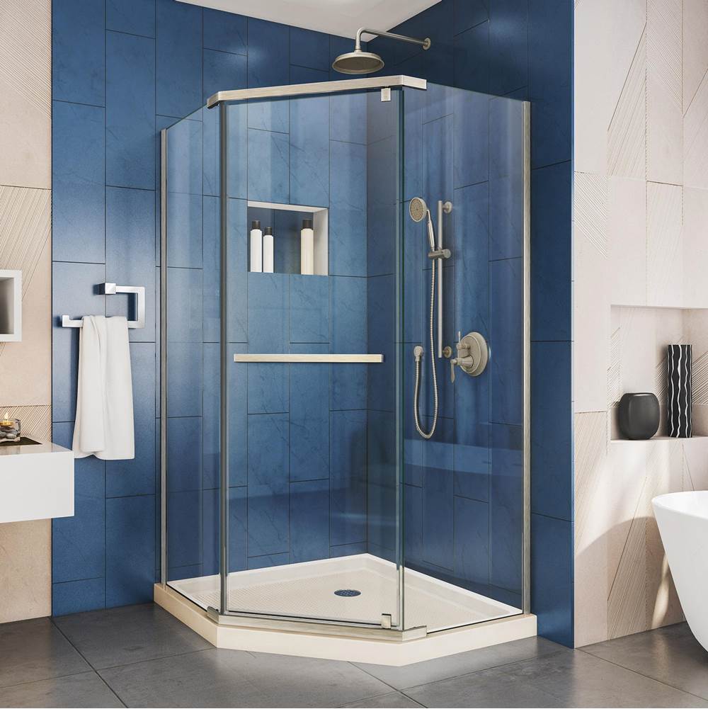 Dreamline Showers DreamLine Prism 38 in. D x 38 in. W x 74 3/4 H Frameless Pivot Shower Enclosure in Brushed Nickel and Corner Drain Biscuit Base