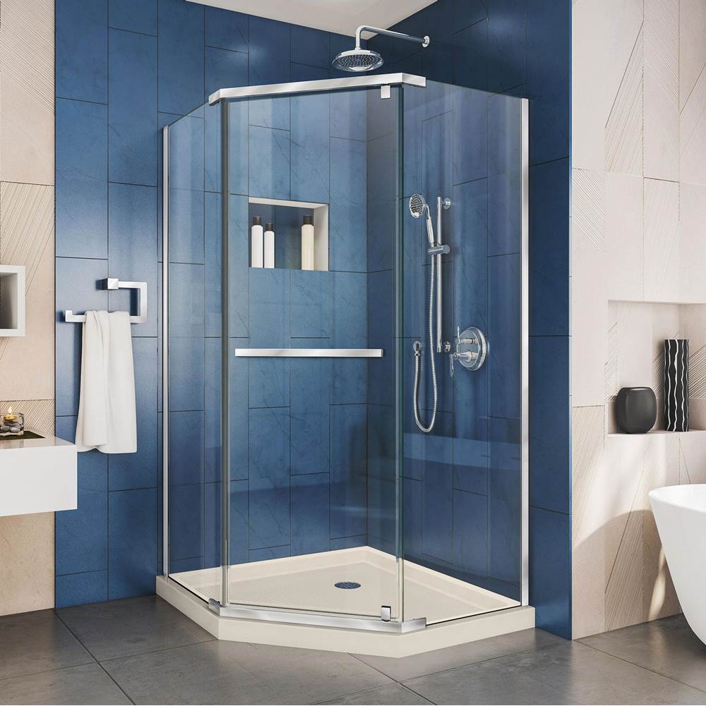 Dreamline Showers DreamLine Prism 36 in. D x 36 in. W x 74 3/4 H Frameless Pivot Shower Enclosure in Chrome and Corner Drain Biscuit Base Kit