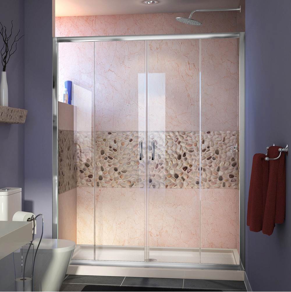 Dreamline Showers DreamLine Visions 34 in. D x 60 in. W x 74 3/4 in. H Sliding Shower Door in Chrome with Center Drain Biscuit Shower Base