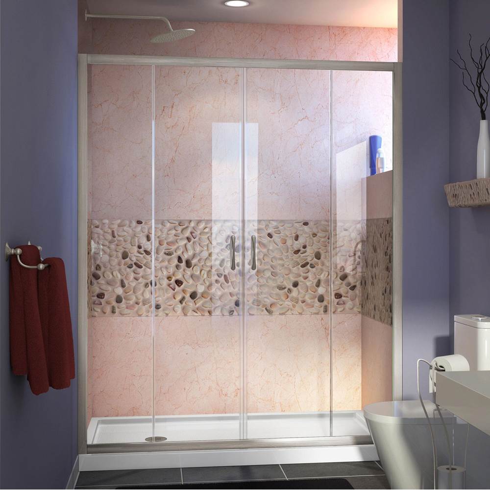 Dreamline Showers DreamLine Visions 34 in. D x 60 in. W x 74 3/4 in. H Sliding Shower Door in Brushed Nickel with Left Drain White Shower Base