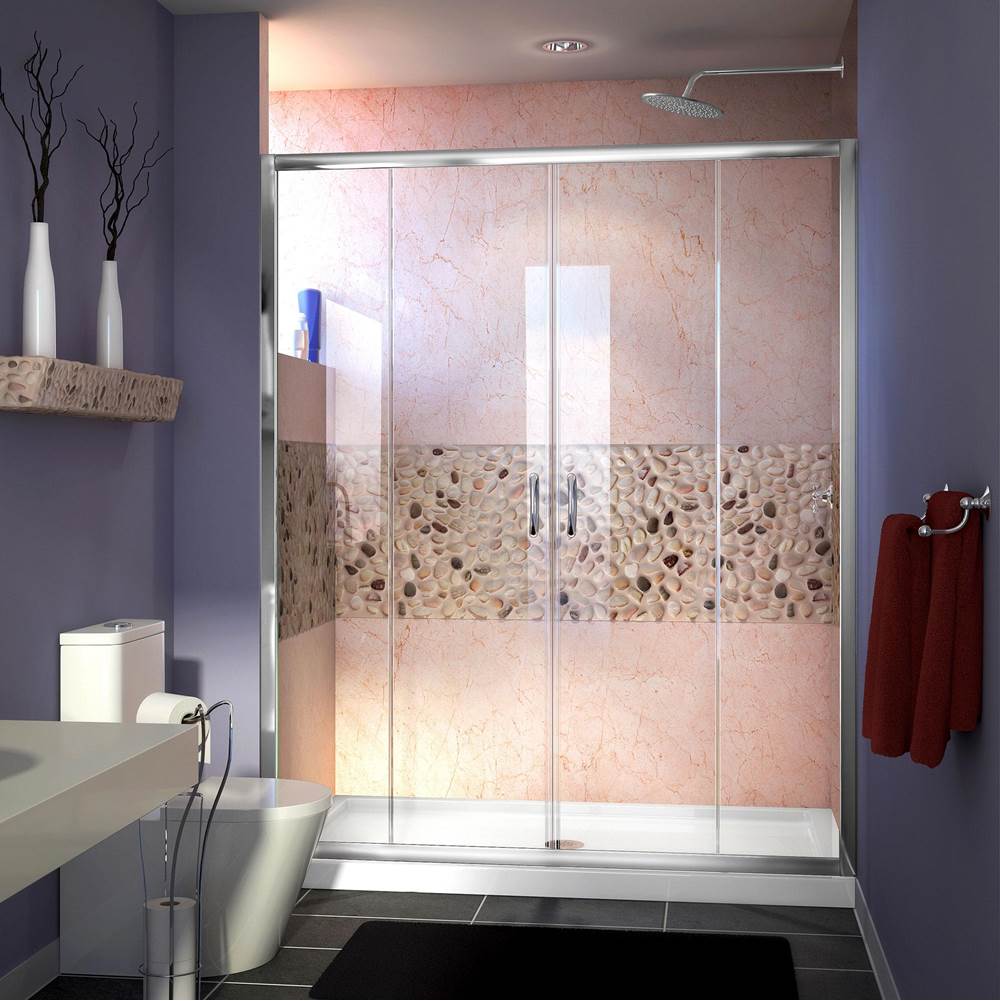 Dreamline Showers DreamLine Visions 32 in. D x 60 in. W x 74 3/4 in. H Sliding Shower Door in Chrome with Center Drain White Shower Base