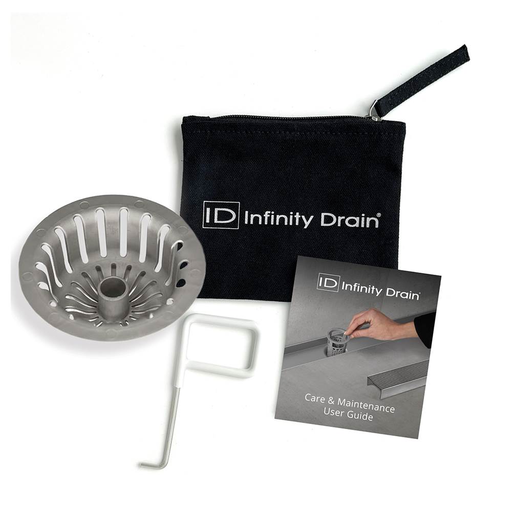 Infinity Drain Hair Maintenance Kit. Includes maintenance guide, DKEY Lift-out key, and HS 4 Hair Strainer.