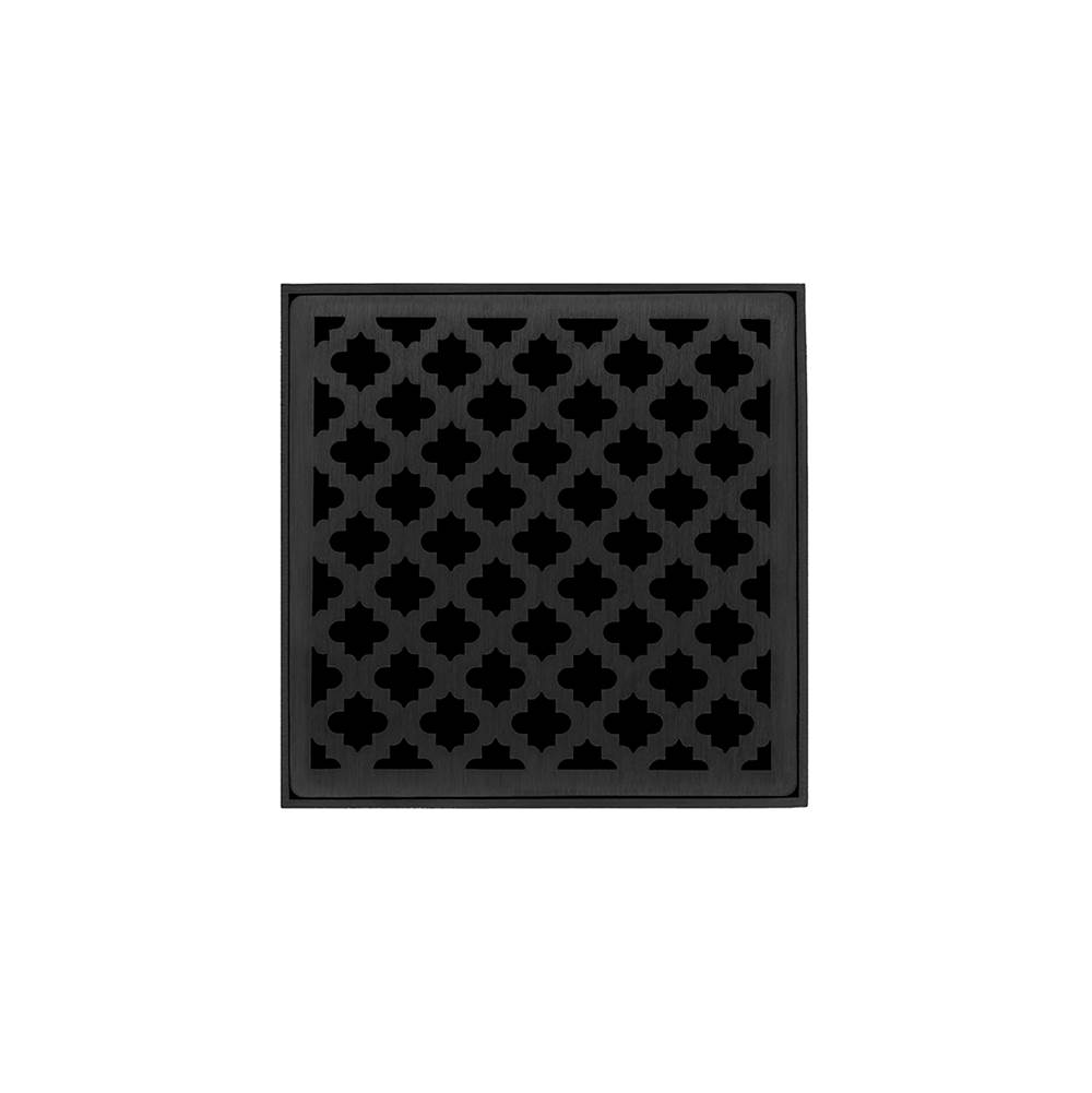 Infinity Drain 4'' x 4'' MD 4 Complete Kit with Moor Pattern Decorative Plate in Matte Black with PVC Drain Body, 2'' Outlet