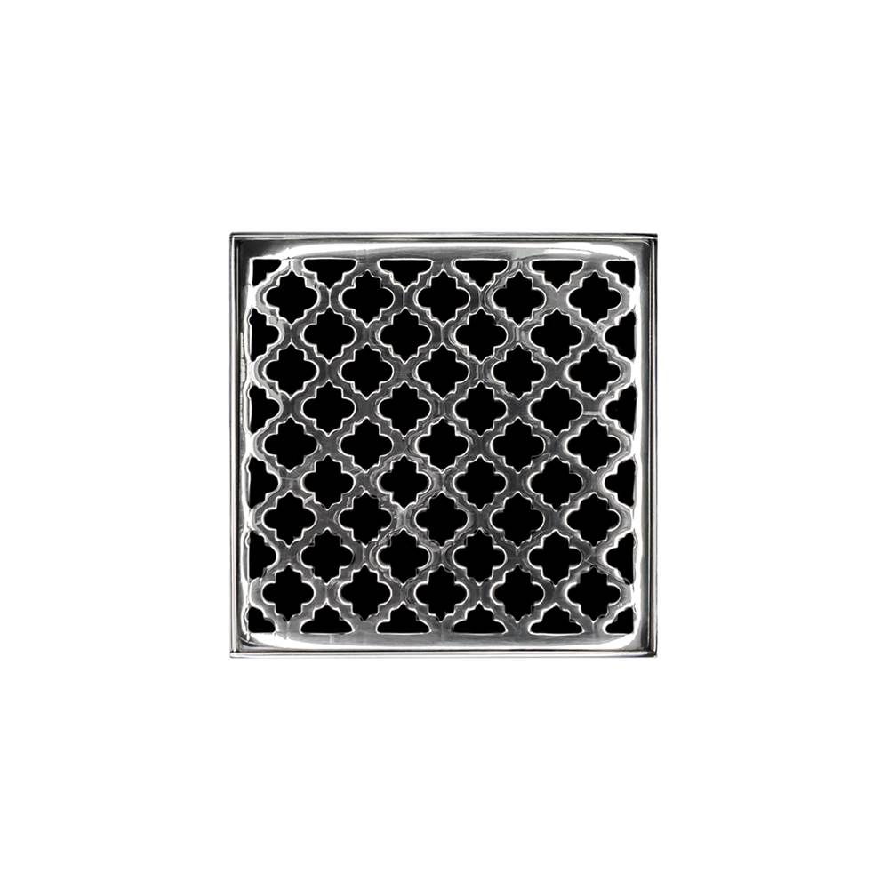 Infinity Drain 5'' x 5'' MD 5 High Flow Complete Kit with Moor Pattern Decorative Plate in Polished Stainless with ABS Drain Body, 3'' Outlet