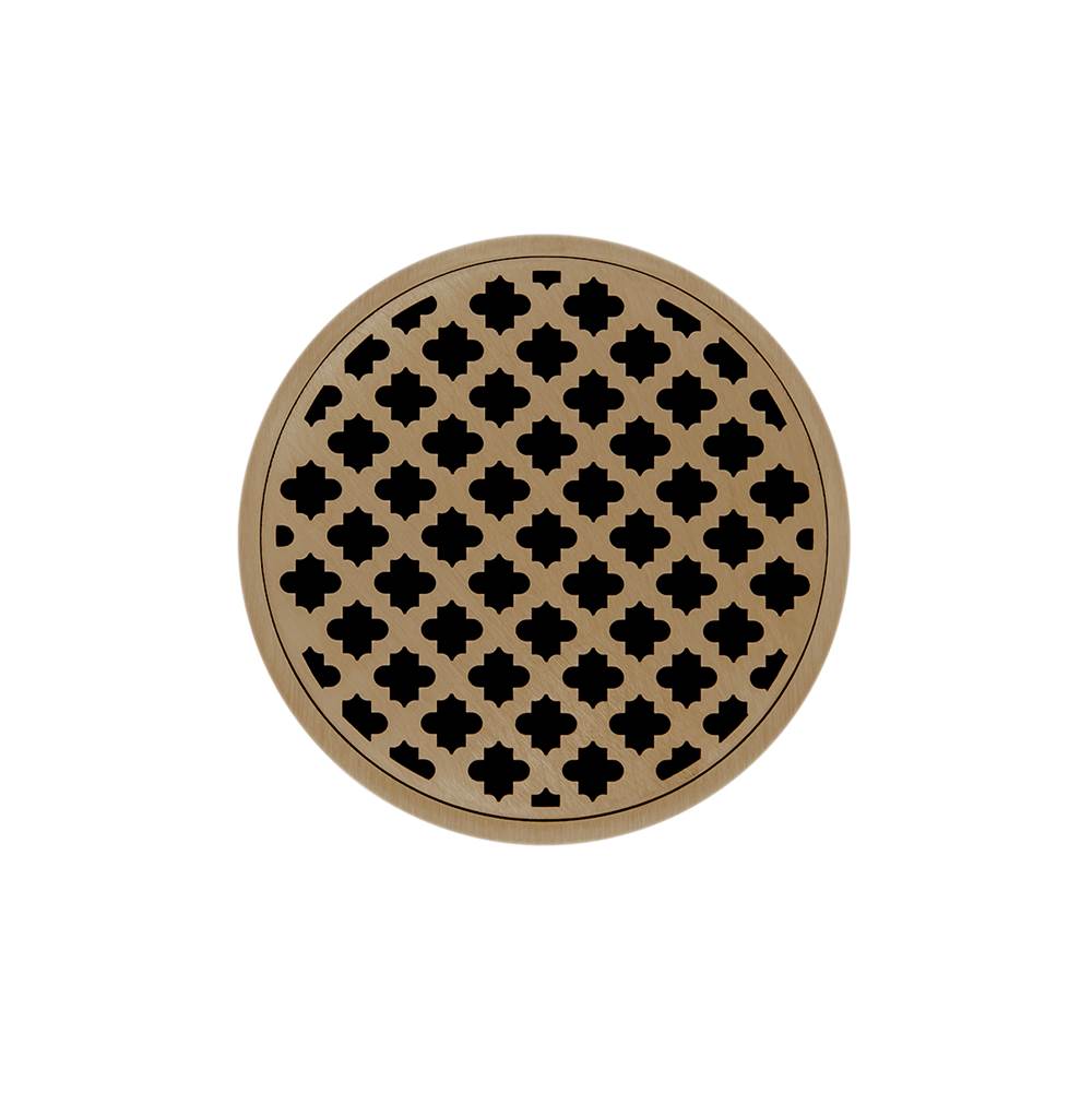 Infinity Drain 5'' Round RMD 5 Complete Kit with Moor Pattern Decorative Plate in Satin Bronze with Cast Iron Drain Body, 2'' Outlet