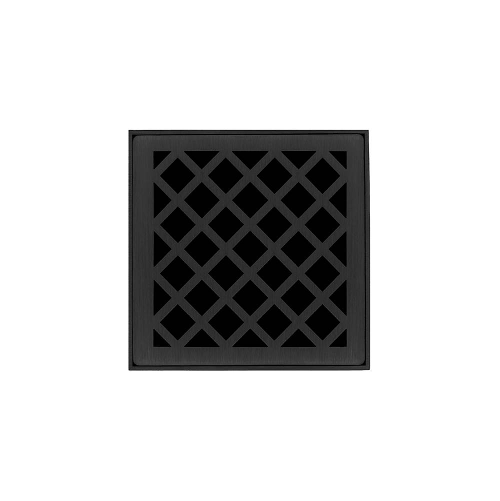 Infinity Drain 4'' x 4'' XDB 4 Complete Kit with Criss-Cross Pattern Decorative Plate in Matte Black with PVC Bonded Flange Drain Body, 2'', 3'' and 4'' Outlet
