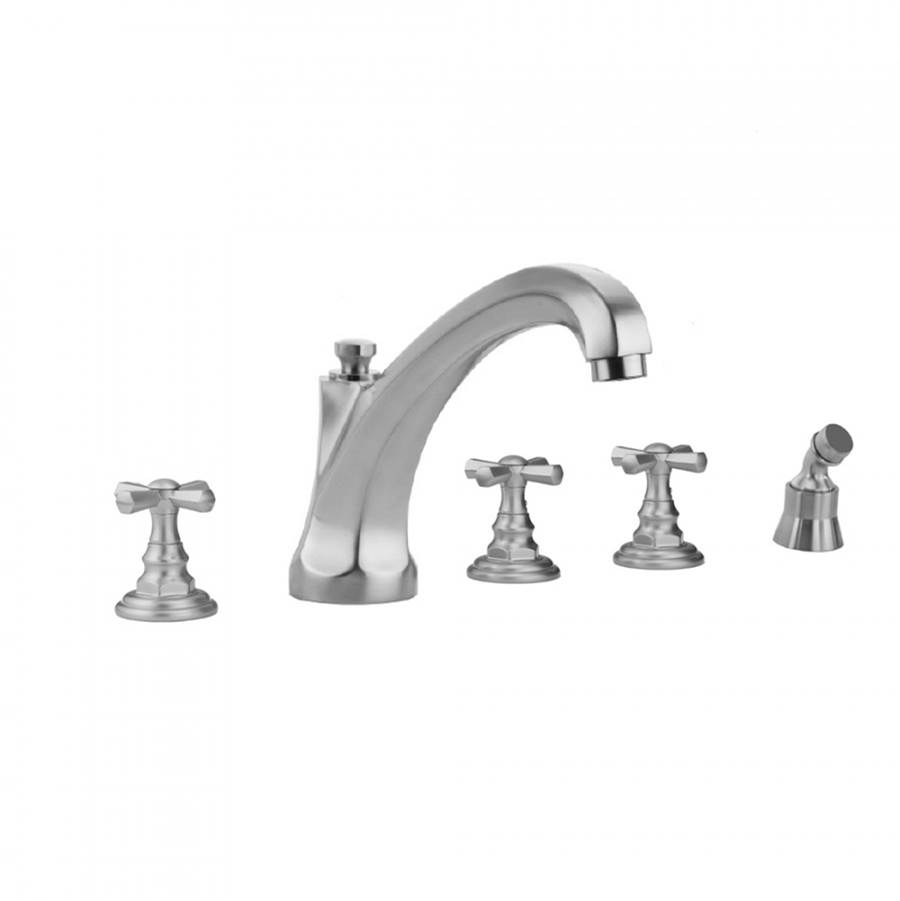 Jaclo Westfield Roman Tub Set with High Spout and Hex Cross Handles and Angled Handshower Mount