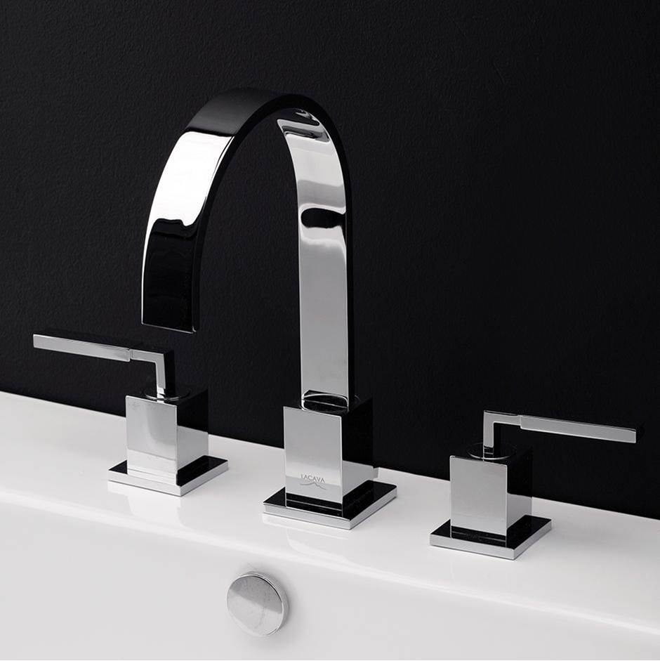 Lacava Deck-mount three-hole faucet with an arch spout featuring natural water flow, two lever handles, pop-up deain included.