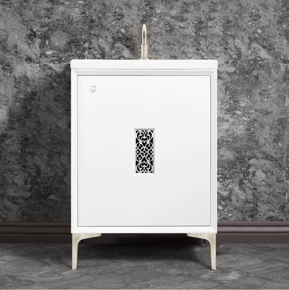 Linkasink Frame 24'' Wide White Vanity with Satin Nickel Filigree Grate and Legs, 24'' x 22'' x 33.5'' (without vanity top)