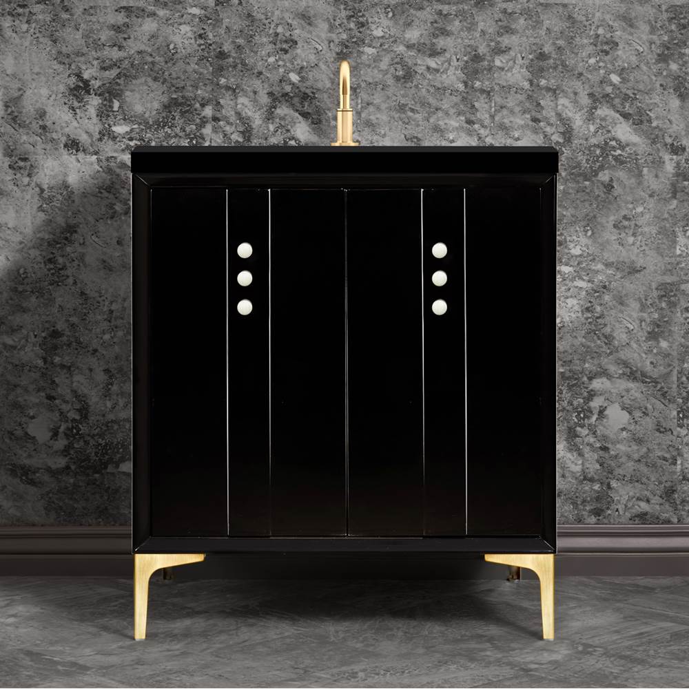 Linkasink Tuxedo 30'' Wide Black Vanity with Satin Brass Buttons and Hardware, 30'' x 22'' x 33.5'' (without vanity top)