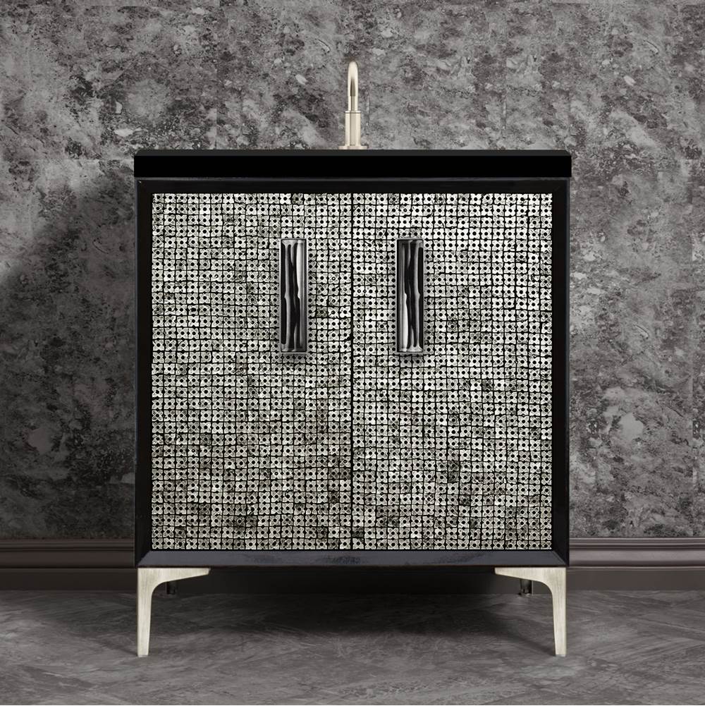 Linkasink MOTHER OF PEARL with 8'' Artisan Glass Prism Hardware 30'' Wide Vanity, Black, Satin Nickel Hardware, 30'' x 22'' x 33.5'' (without vanity top)